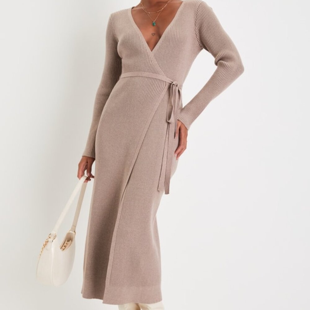 Lulus Iconic Comfort Taupe Ribbed Surplice Wrap Midi Sweater Dress - Size M